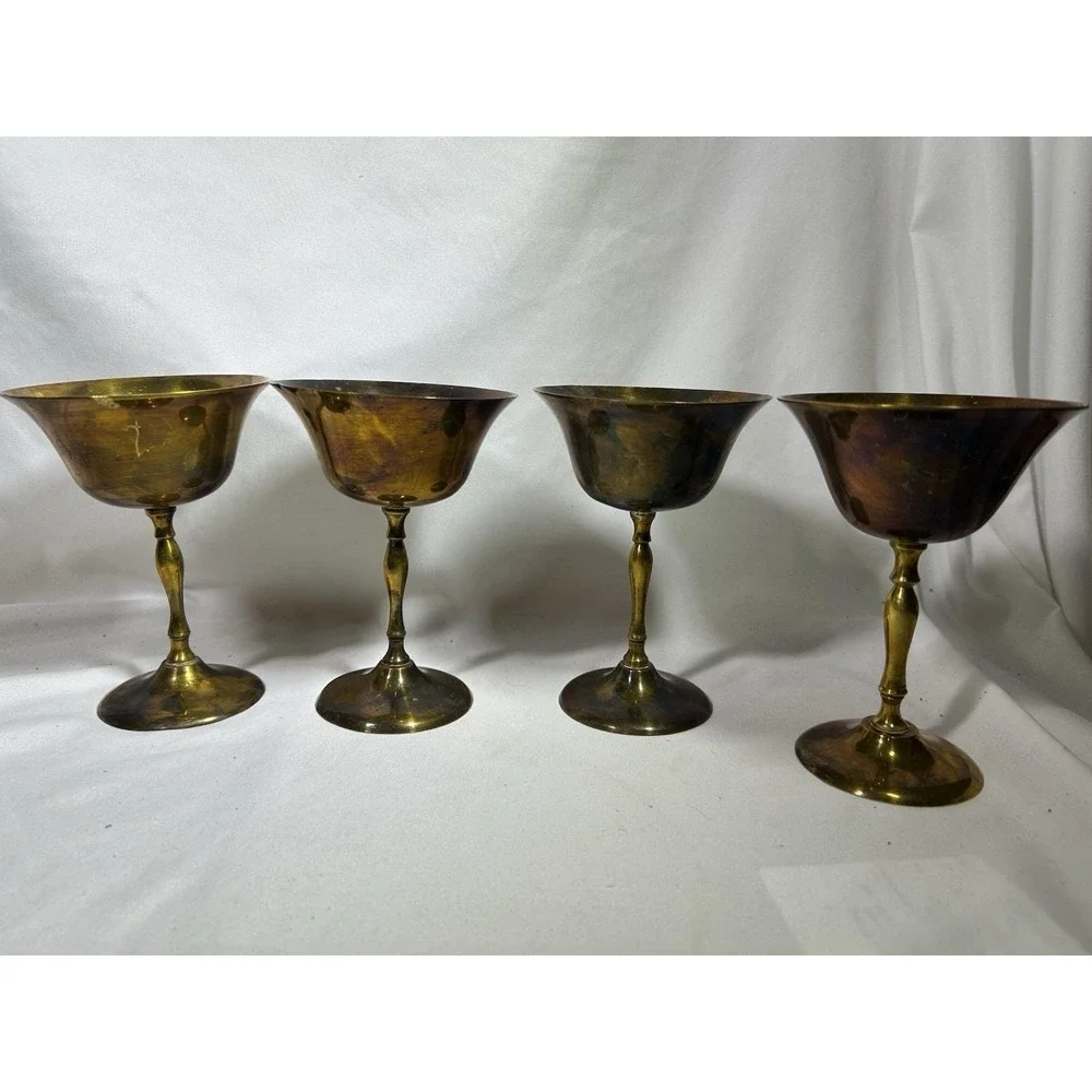 Vintage Brass Goblet Footed Tapered Wine MCM Set of 4 Mid Century 6